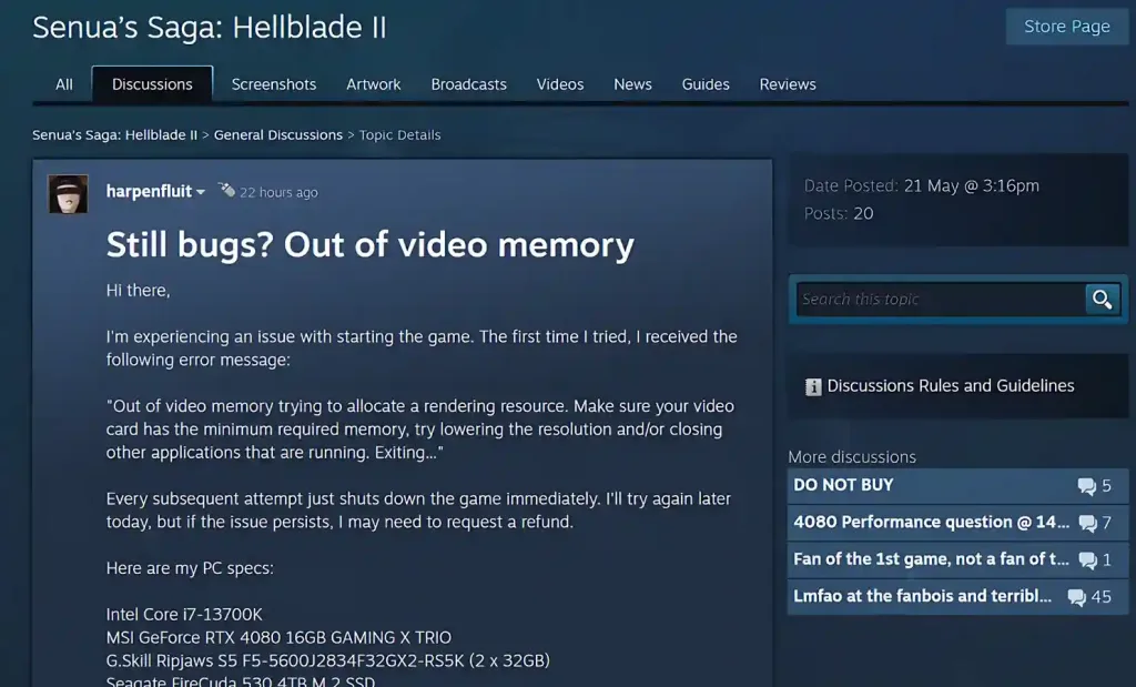 Hellblade 2 Senua's Saga Out Of Memory Error