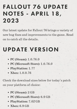 Update Notes Fallout 76 2023
