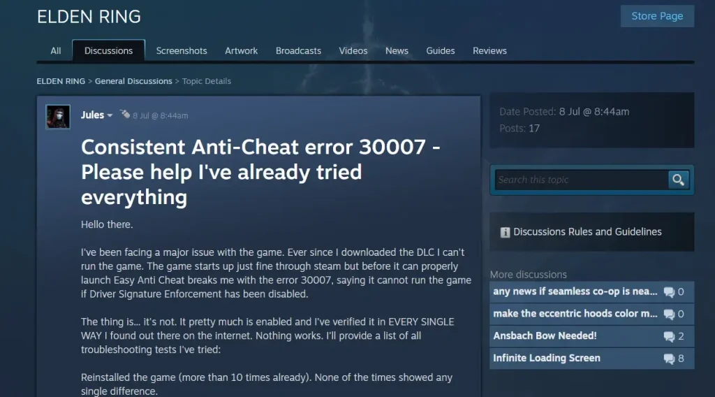 Steam Fix ELDEN RING Consistent Anti-Cheat error 30007