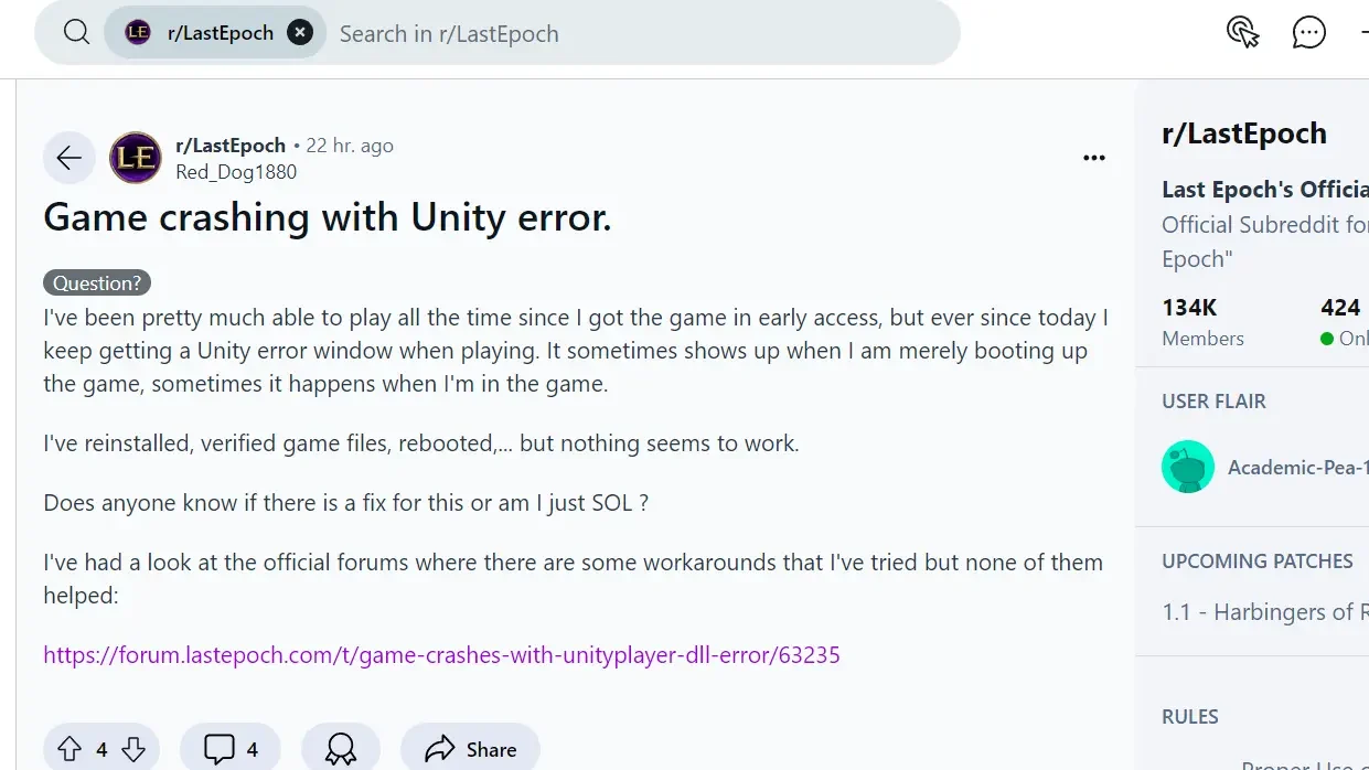 Reddit Last Epoch Crashing with Unity error