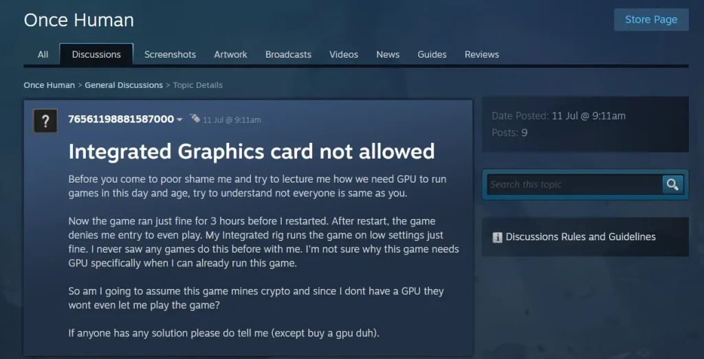 Steam Once Human GPU Error