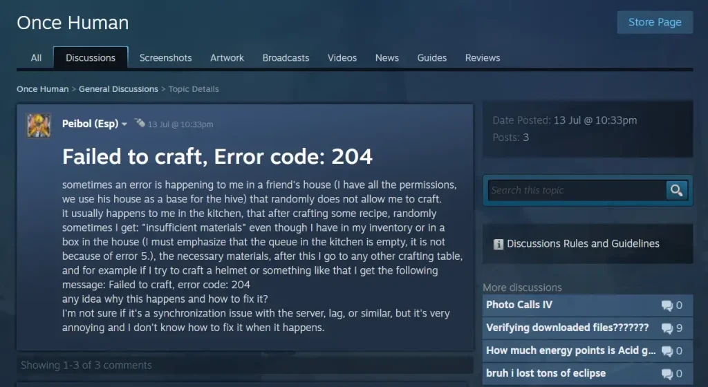 Once Human Failed to craft, Error code: 204 Steam