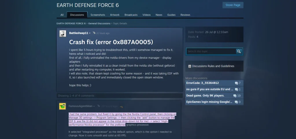 EARTH DEFENSE FORCE 6 Crash fix (error 0x887A0005)