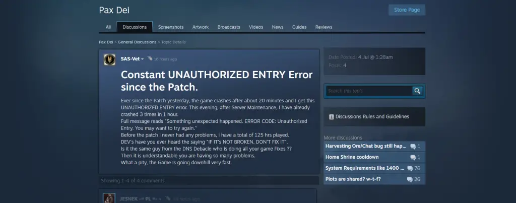 Pax Dei UNAUTHORIZED ENTRY Error