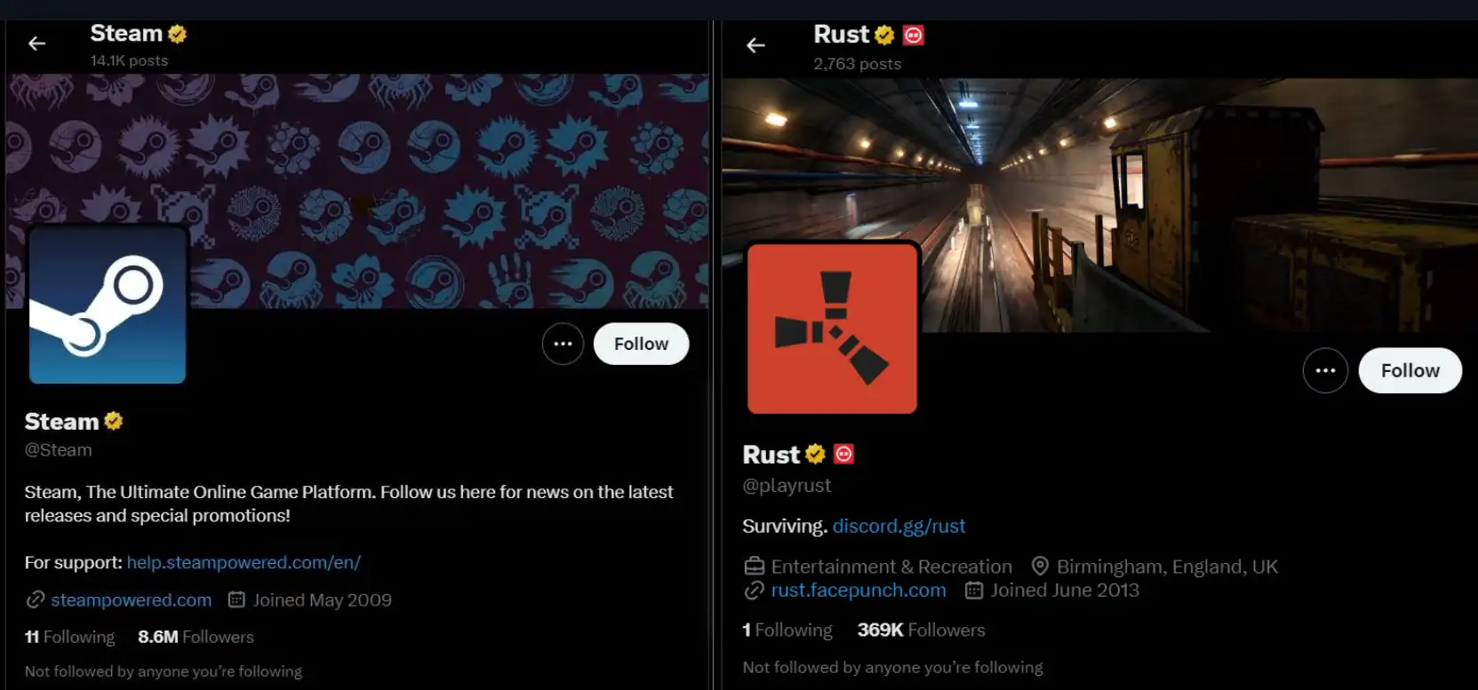 Official Twitter accounts of Steam and Rust